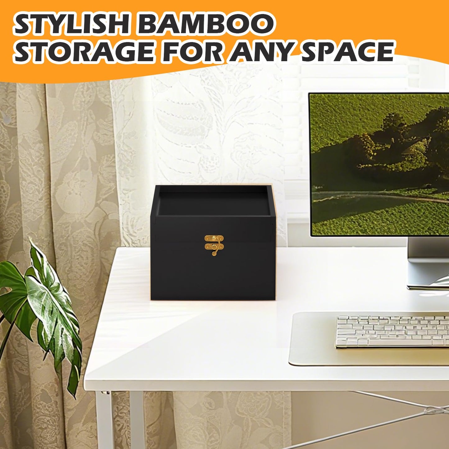 promitop Bamboo Storage Box with Lid – Wooden Organizer with 4 Compartments, Sliding Cover & Metal Clasp Lock, Multi-Purpose Rectangular Stash Box, Eco-Friendly Bamboo Box for Home & Office