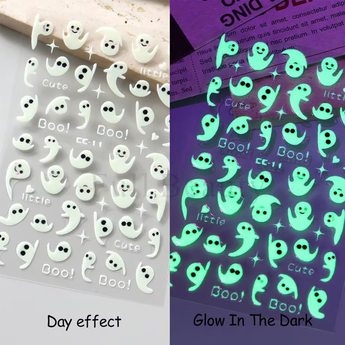 5Sheets Glow in Dark Halloween Nail Art Stickers - Luminous Spooky Nail Decals with Cute Ghost, Bat & Spider Designs for Women & Girls
