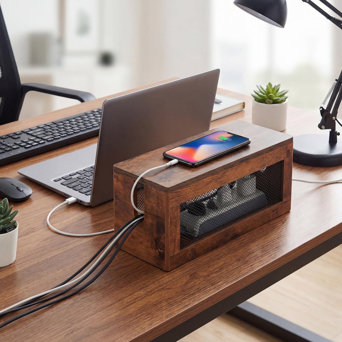 Chunful Extra Large Cable Management Box, 16'' Wood Cord Hider Organizer with Ventilation Nets & Organizer for Power Strip, TV Wires & Desk Cable Storage, Magnetic Lid Hide Floor Cables