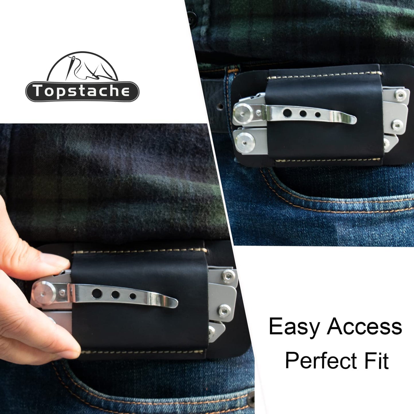Topstache Leather Sheath, Handmade Multitool Holster, Horizontal Carry Leather Knife Sheath for Belt, EDC Pocket Organizer for Men,Size M,Black