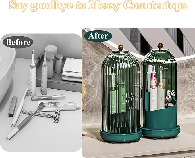 Toothbrush Holders with Cover, Drainage Rotating Electric Toothbrush Organizer, 3 Slots Tooth Brush Holder for Bathroom Counter, Green