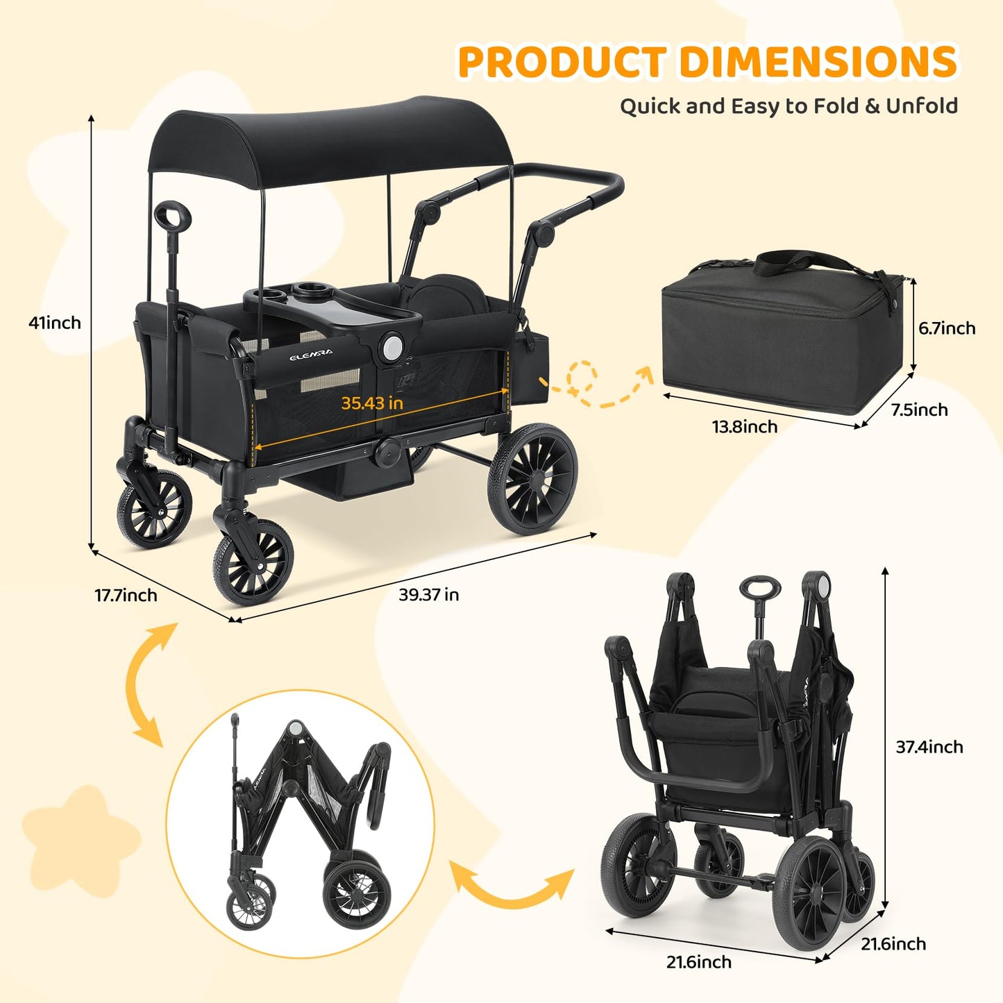 ELEMARA Foldable Wagon Stroller, Stroller Wagon for 2 Kids, Premium All Terrain Wagon for Kids with Removable Canopy, Adjustable Push/Pull Handle, Harnesses, Large Storage Bag, Black