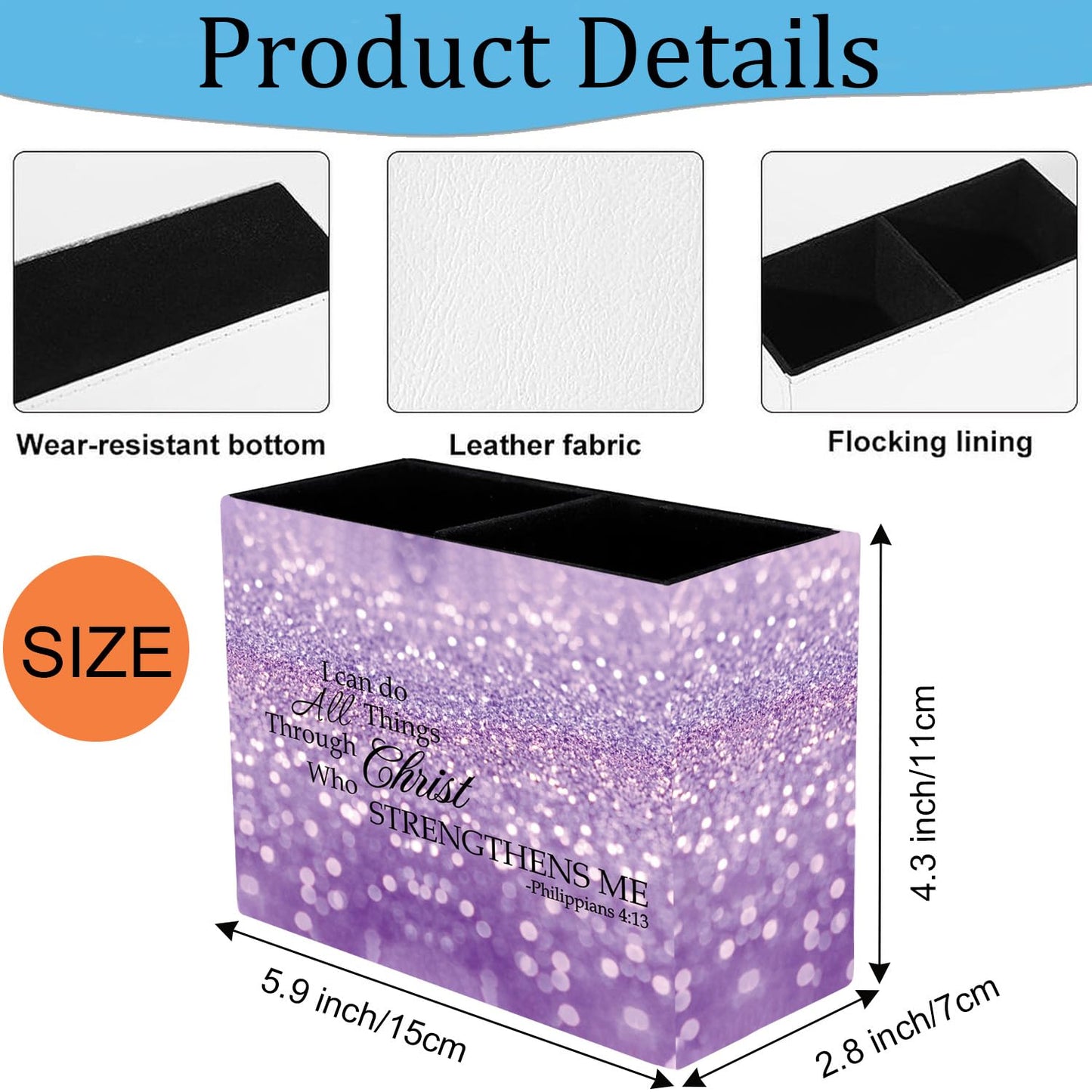 Pen Holder and Anti-Slip Mouse Pad Combination, Makeup Brush Storage Box, Tableware Storage Box, Suitable for Office and Home - Purple Glitter Quote Philippians 4-13