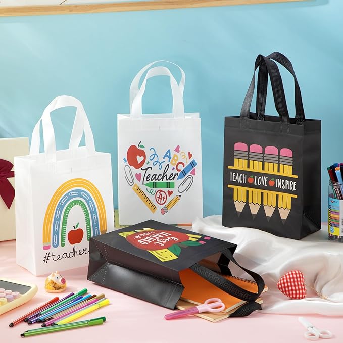 Wesnoy 100 Pcs Teacher Appreciation Gift Bags Bulk Thank You Teachers Reusable Non Woven Treat Goodie Tote Bags with Handles Gifts Wrap for School Office Graduation Retirement Party Supplies