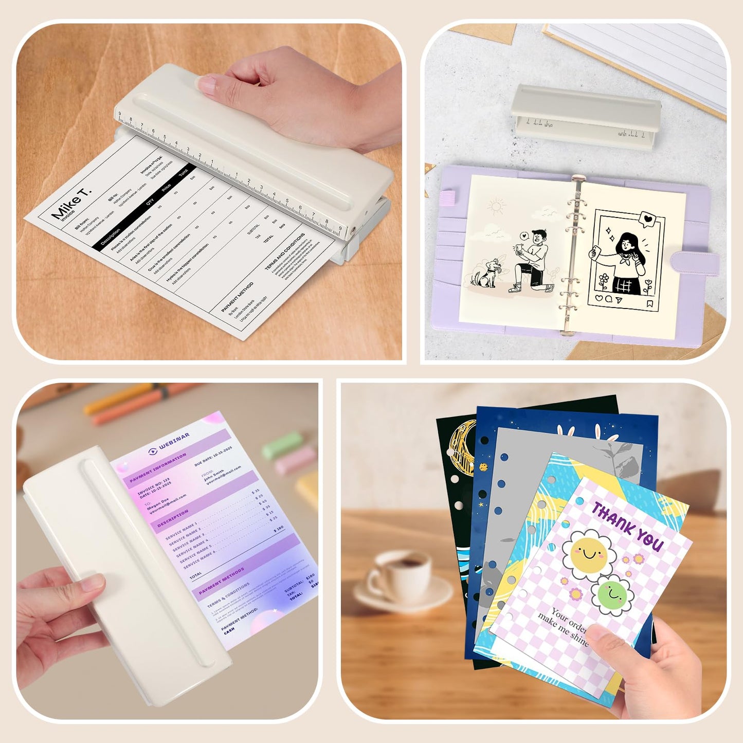 Metal Adjustable 6 Hole Punch for A5 A6 A7 Binders/Planners, Paper Hole Puncher 6 Ring with Guide Rule, 6 Sheet Capacity, Heavy Duty 6 Hole Punch for Binder/Agenda/Notebook/Bookbinding DIY (Off White)