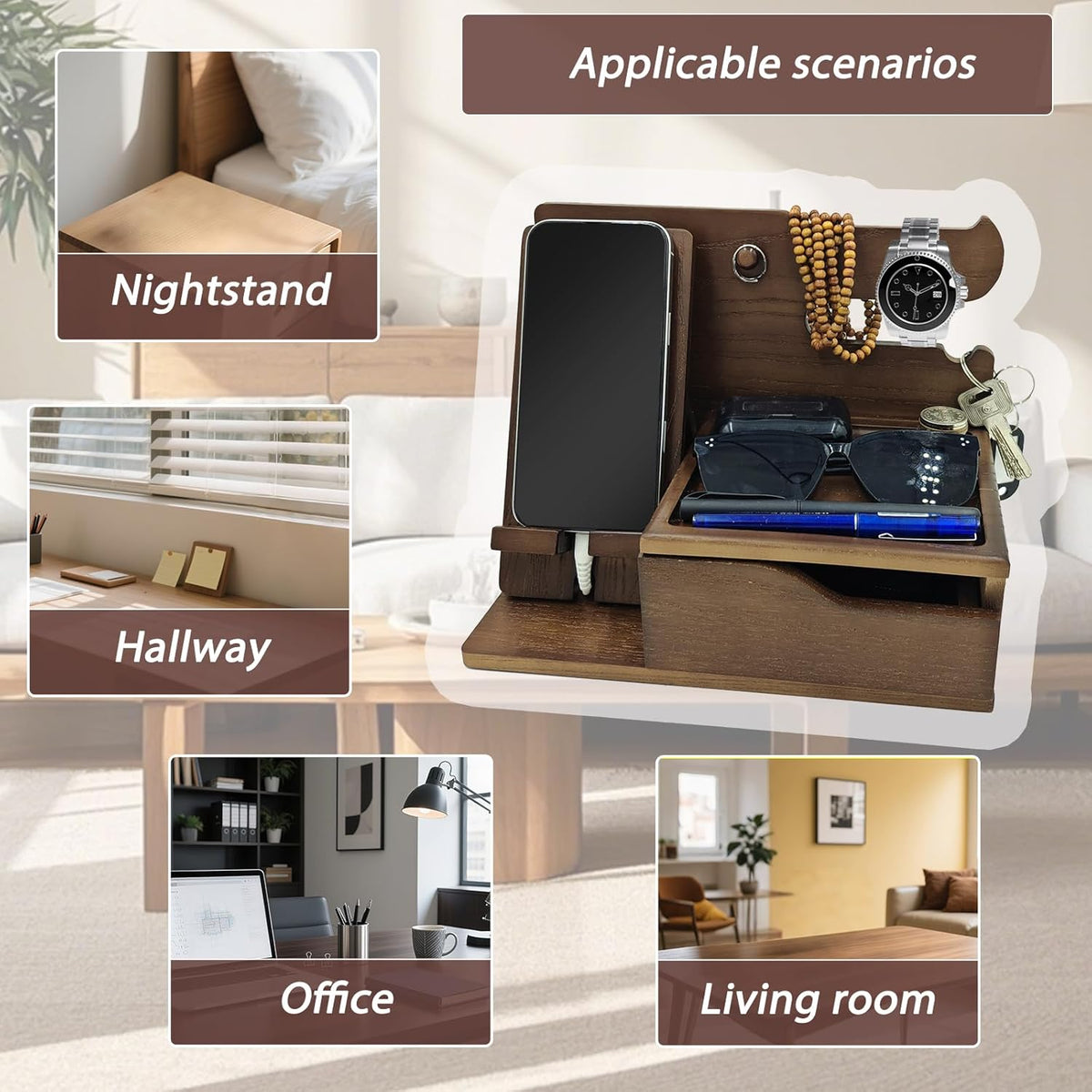 3-in-1 Wood Phone Docking Station Organizer with Drawer & Hidden Charging Hole for Phone, Keys, Glasses & Accessories, for Men (WALNUT, 01)