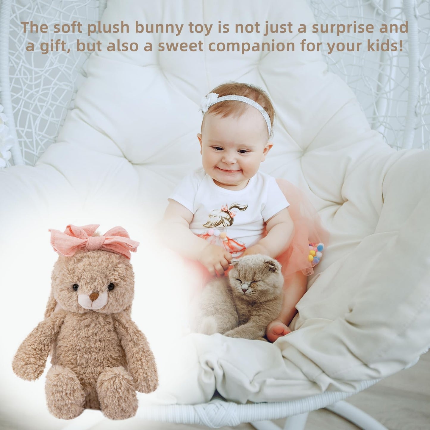 CUDDLE CORNER Bunny Stuffed Animal Soft Rabbit Cuddly Toy 8'' Long - Eared Brown Plush Bunny with Pink Bow Plush Toys for Babies and Toddlers