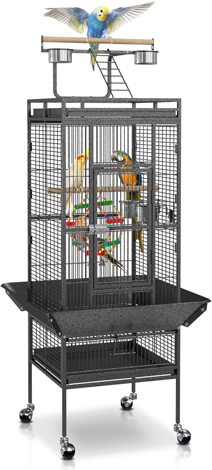 SUPER DEAL 68-inch Large Bird Cage with Rolling Stand African Grey Parrot Chinchilla Finch Cage Conure Cockatiel Cockatoo Pet House Wrought Iron Birdcage, Black