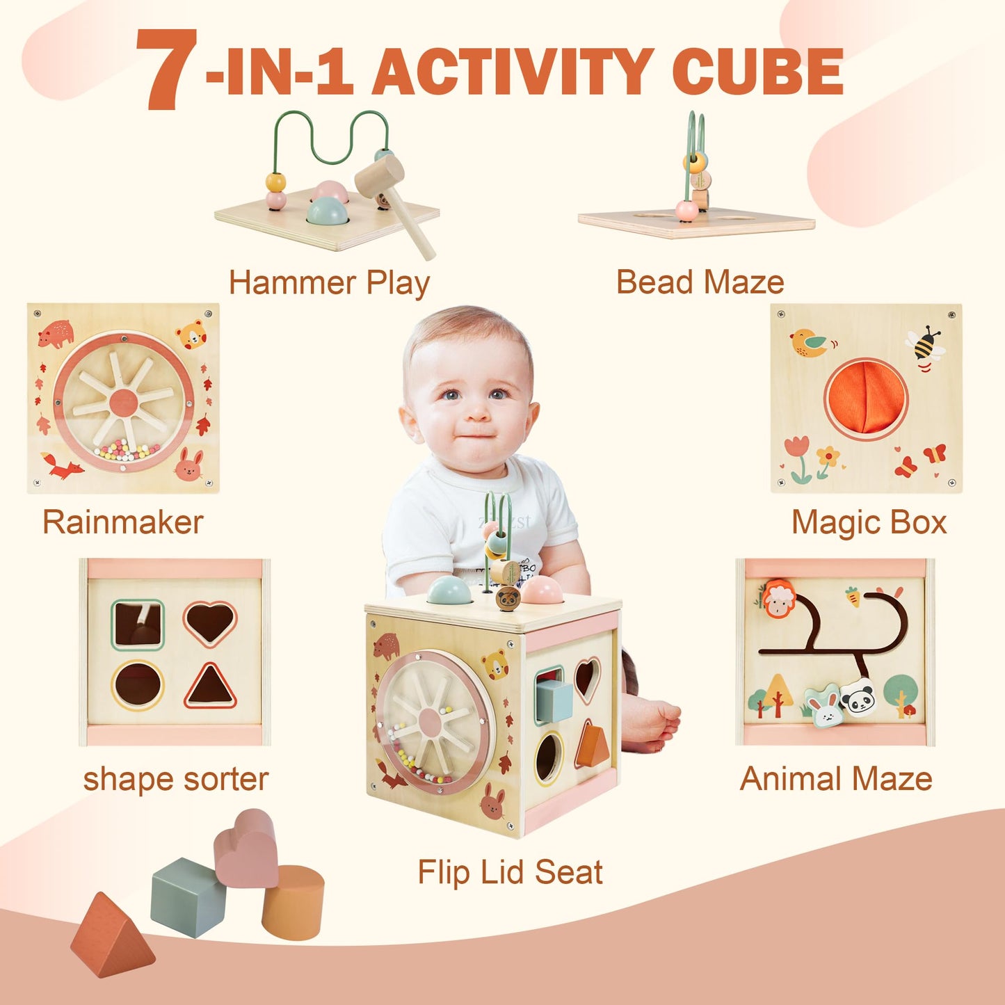 MILEFUN Wooden Activity Cube for 1 Year Old | 7-in-1,Montessori Baby Toys,Educational Toy for Toddlers, First Birthday Gift for Toddlers