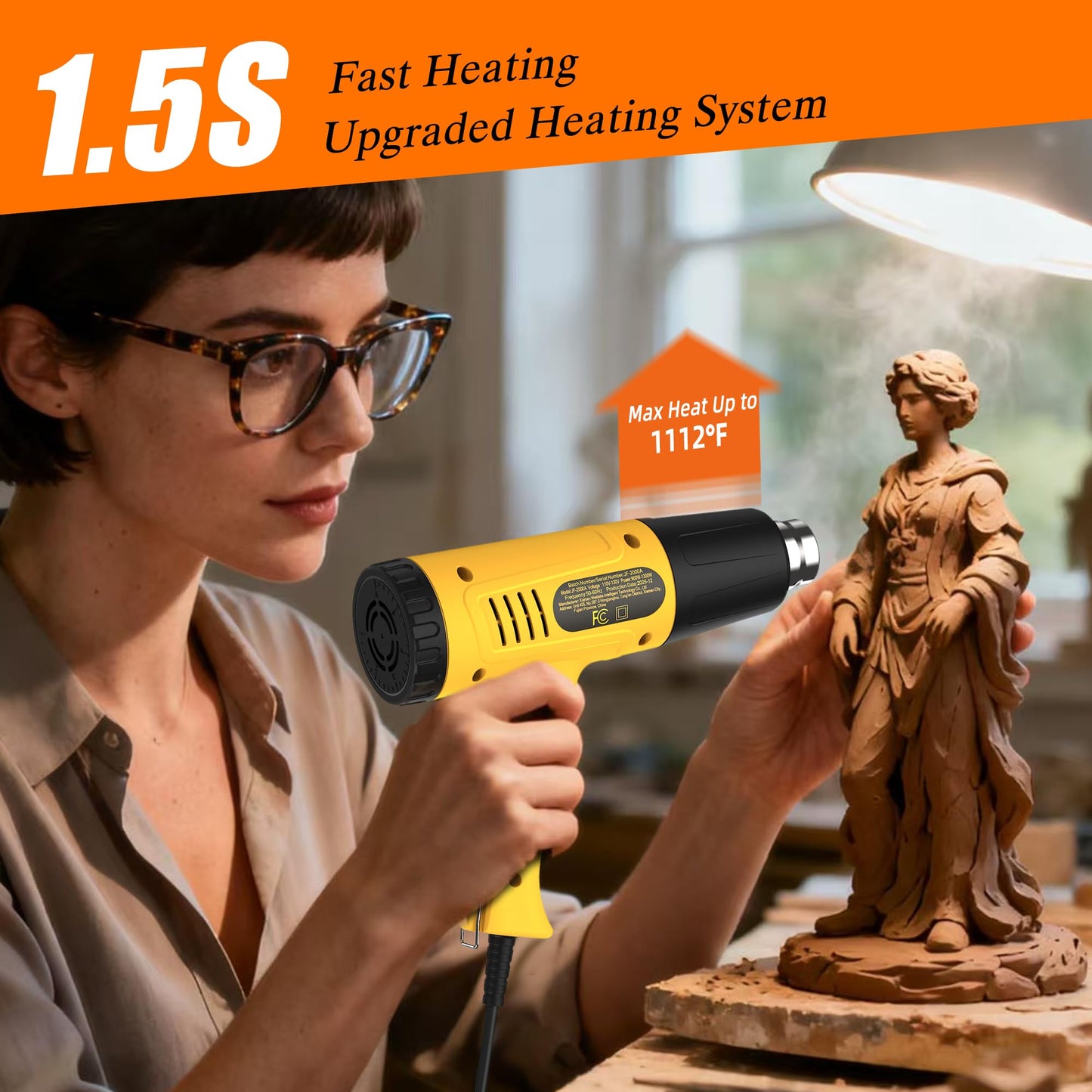 Heat Gun 1300W for Vinyl Wrap,Crafting,Shrink Tubing,Paint,Epoxy Resin,Candle Making,Adjustable Temperature,Overload Protection Hot Air Gun Kit Nozzles (Yellow, Two-Gear Button Temperature Control)