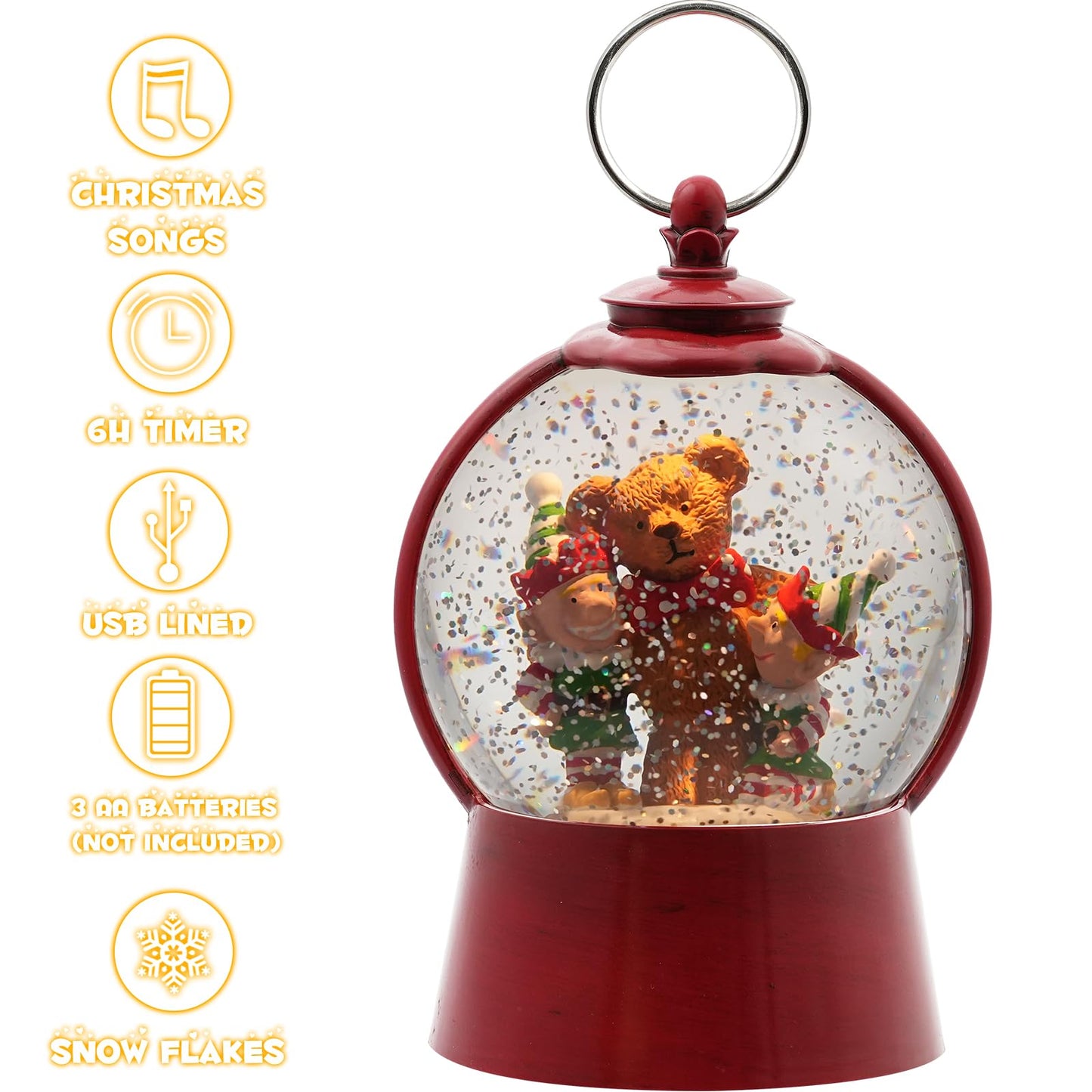 Christmas Snow Globe Lantern with Swirling Glitter Christmas Home Decoration Elf Bear Musical Snow Globe, 6 Hour Timer, USB Powered & Battery Operated Music Box for Holiday