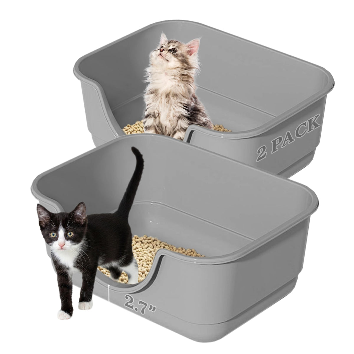Tehoao 2 Pack Low Entry Small Litter Box for Kittens, Kitty Plastic Litter Boxes, Open Top, Anti-Splash High Sided Litter Tray Pan for Medium Pets, Puppy, Easy to Clean, 15.7"L*11.8"W*6.7"H (Black)