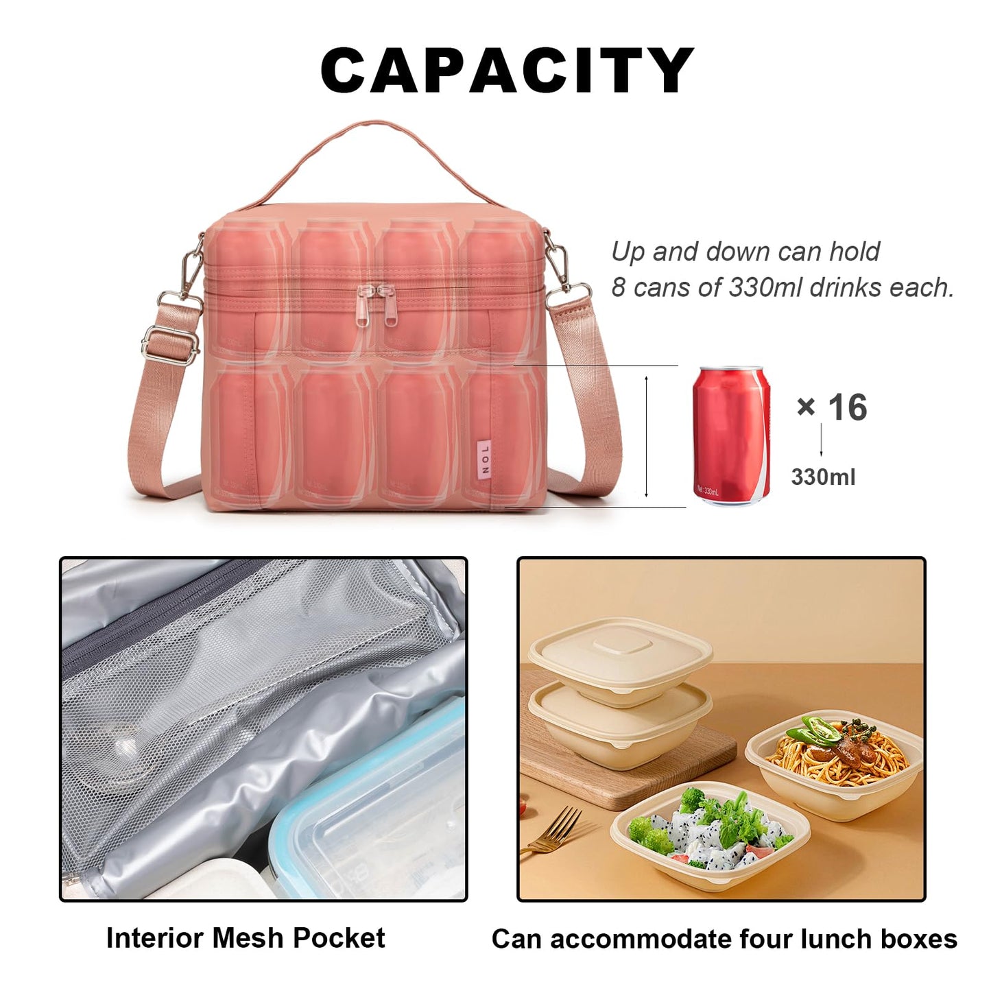 NOL Natural Organic Lifestyle Insulated Lunch Bags for Women Cooler Bag Lightweight Nylon Waterproof Lunch Box For Work (Dark Pink, Medium(normal))