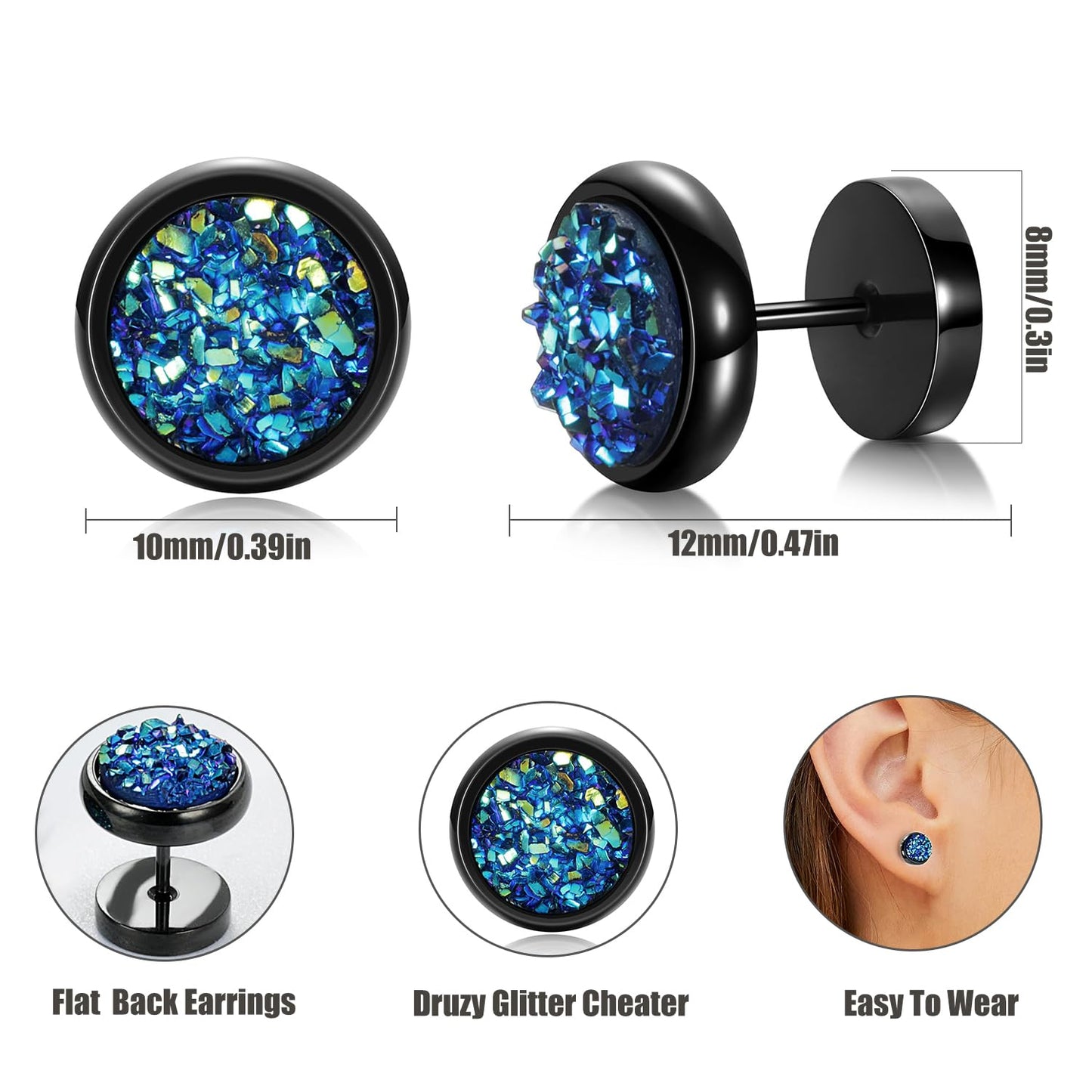 Druzy Glitter Cheater Titanium Earrings Screw Flat Back Earrings Studs Hypoallergenic for Sensitive Ears, Titanium, sand glitter