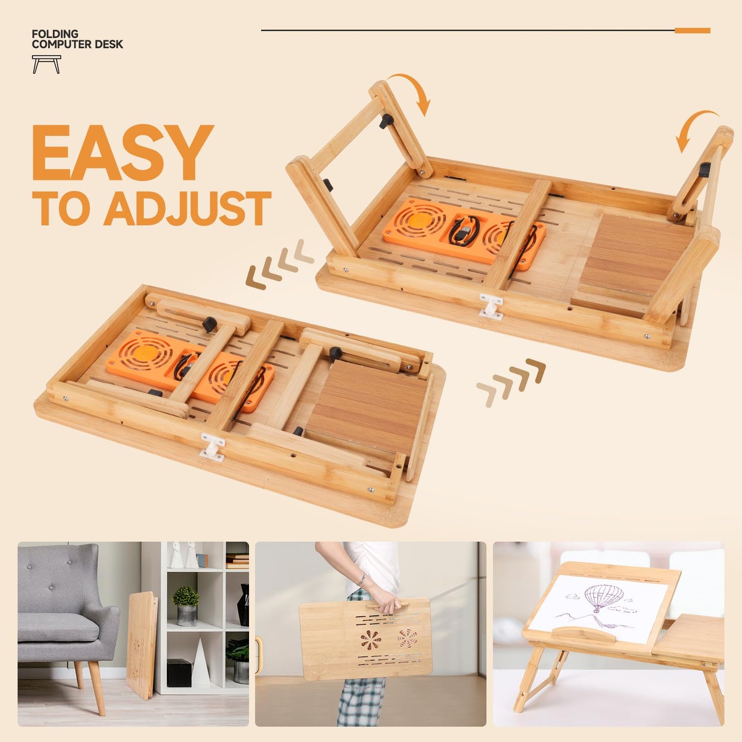 JELNER Adjustable Bamboo Laptop Desk with Cooling Fan, Foldable Bed Tray for Breakfast, Writing, and Drawing, with Tilting Top and Drawer, Portable Lap Desk for Bed, Sofa, and Floor.