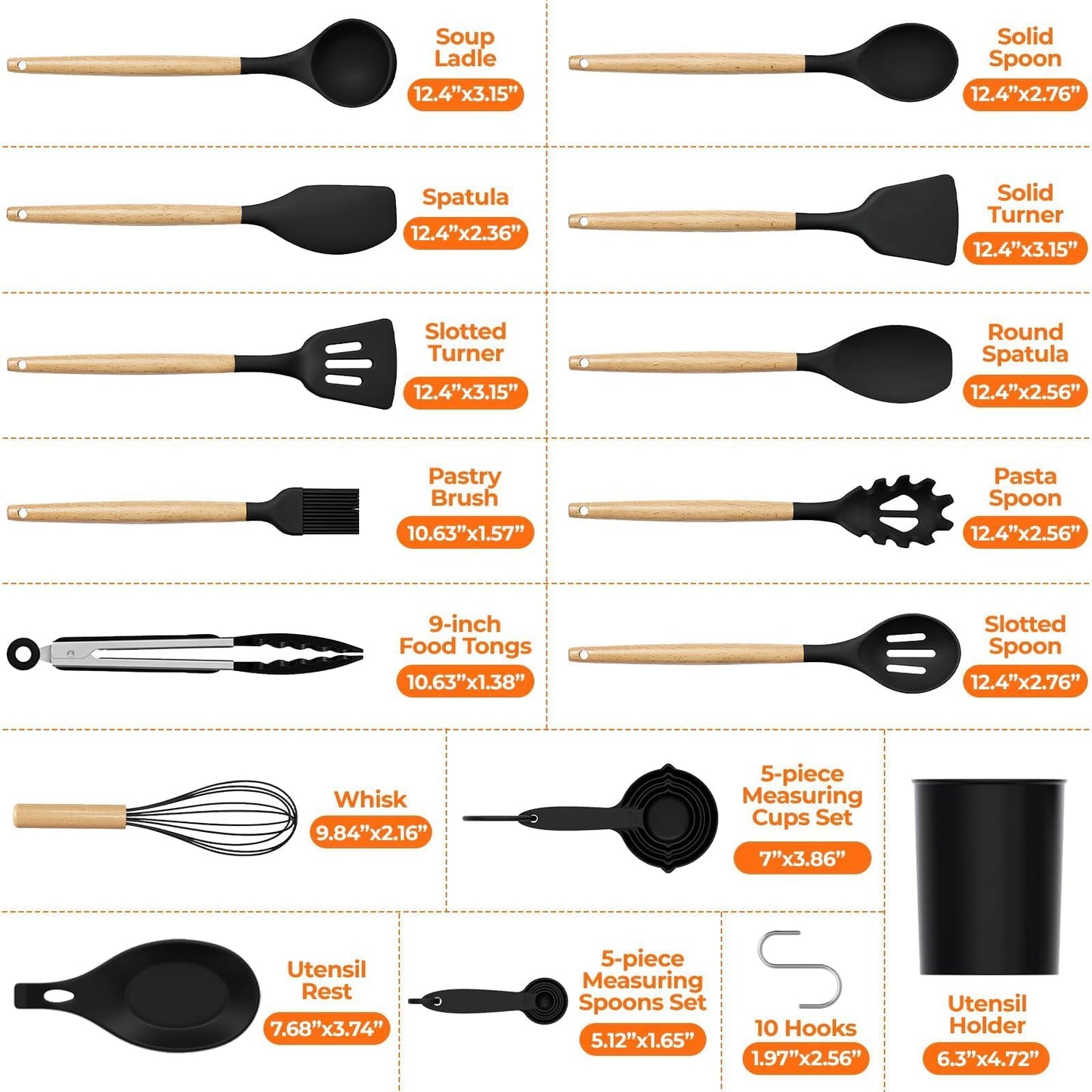 WISELIFE Kitchen Utensils Set - 33 PCS, Heat-Resistant Silicone Cooking Utensils Set with Wooden Handle, BPA-Free Kitchen Gadgets Spatula Sets with Holder for Nonstick Cookware (Black)