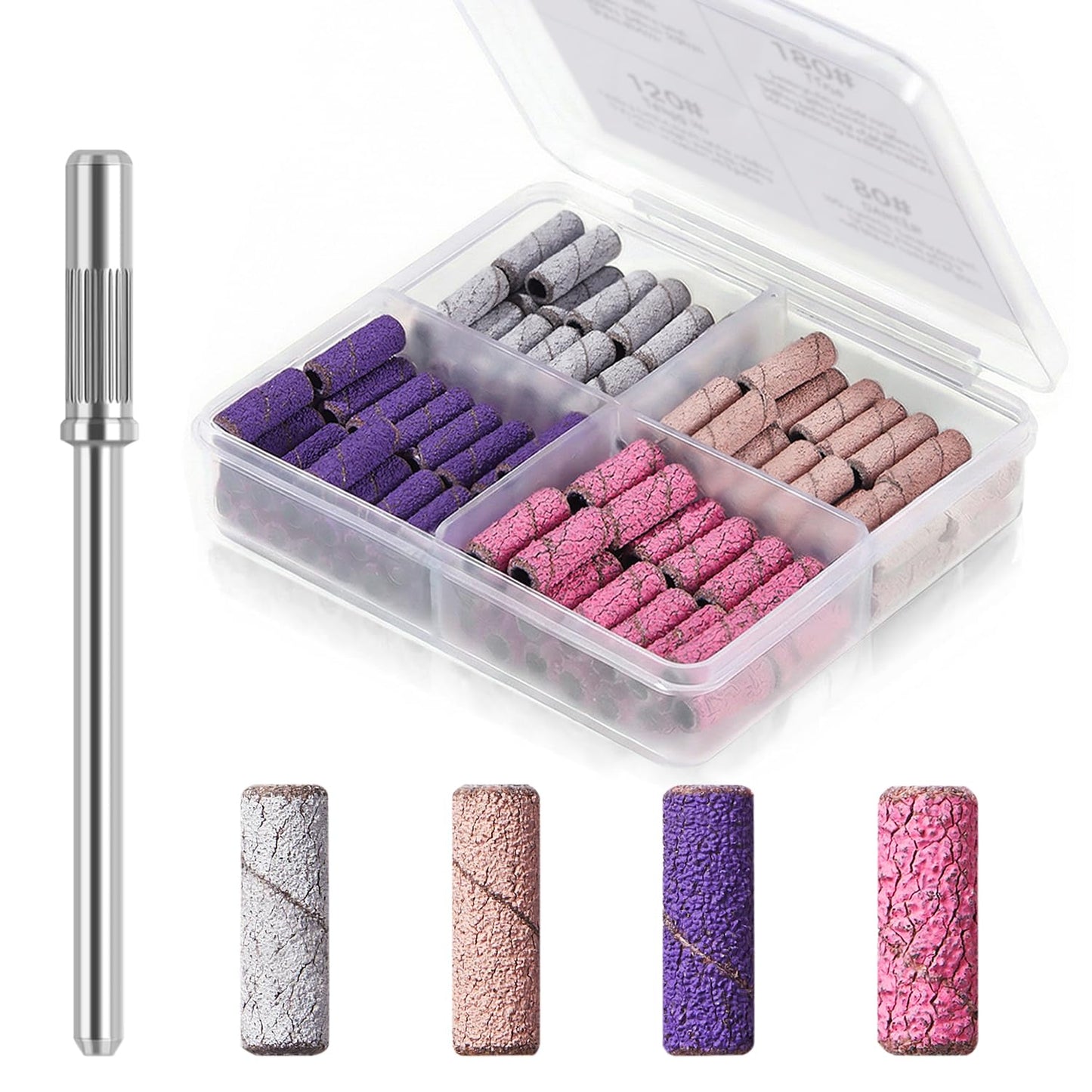 Modelones Sanding Bands for Nail Drill, 200 Pcs Mini Small Nail Sanding Bands, Mix 80 120 180 240 Fine Grit File Sanding Bands with 3.1mm Mandrel Bit for Acrylic Nails Gel Manicures, White Purple Pink