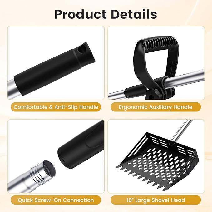 LIVOSA Chicken Poop Scooper and Rake, 2-in-1 Metal Sand Sifting Shovel with 24-68 Inch Adjustable Stainless Steel Handle, Cleaning Tools for Outdoor Chicken Coops, Farm Animals House