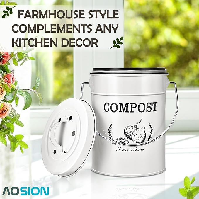 AOSION Countertop Compost Bin Kitchen,Odor Resistant Indoor Compost Bin with Lid and Compost Bags,Compost Bucket Composter Container for Food Waste,White