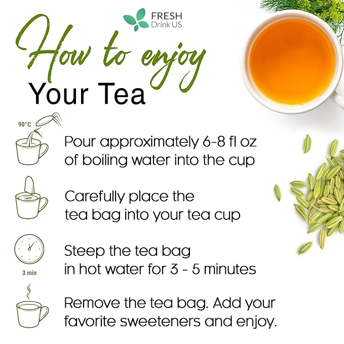FreshDrinkUS, Premium 200 Fennel Tea Bags, 100% Natural & Pure from Fennel Seeds. Made with Natural Material Tea Bags. No Sugar, No Caffeine, No Gluten, Vegan.