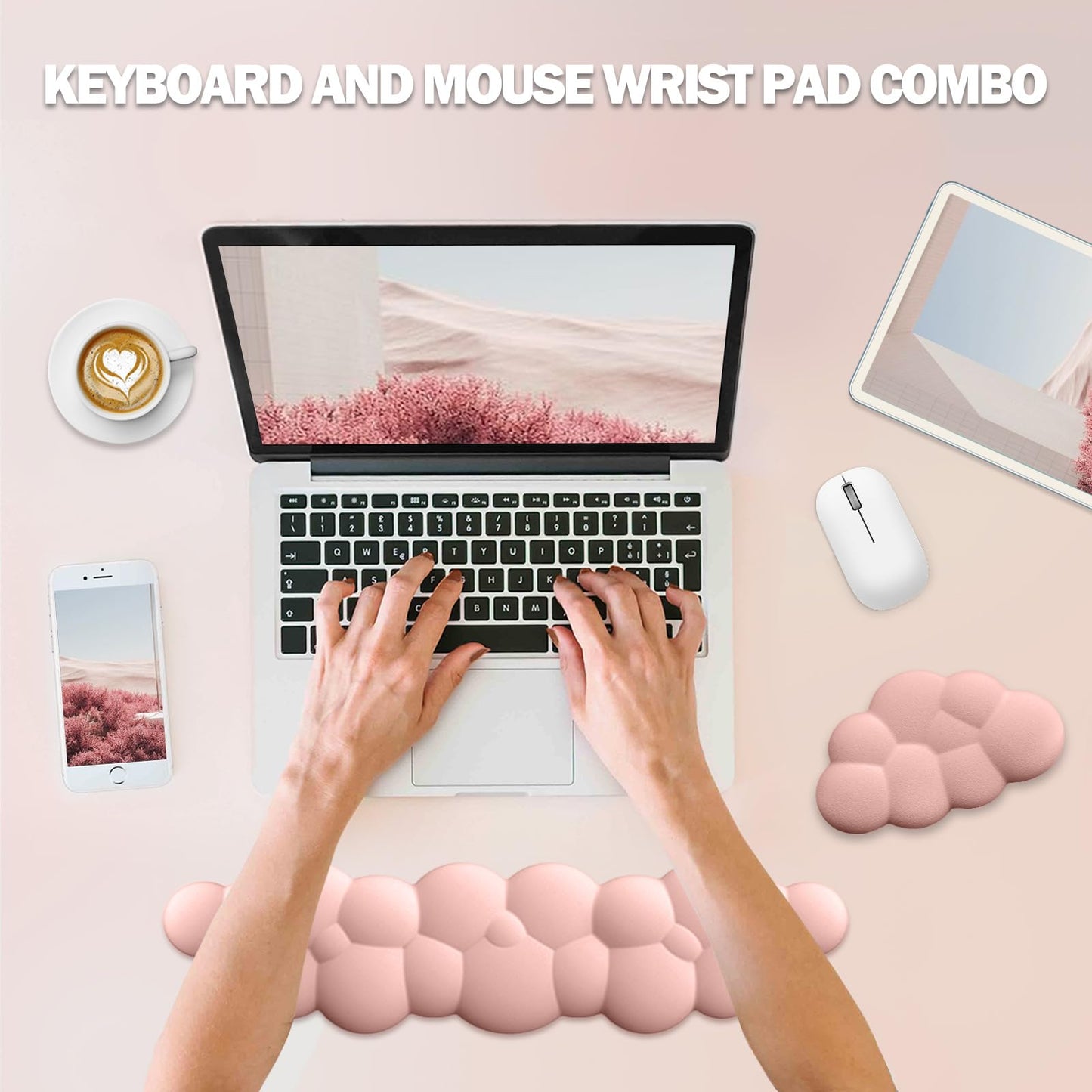 Lauspuck Cloud Keyboard Wrist Rest Mouse Pad Set, PU Leather Memory Foam Wrist Cushion Support, Mouse Wrist Pad, Non-Slip Wrist Support for Home, Office, Light Pink Cloud
