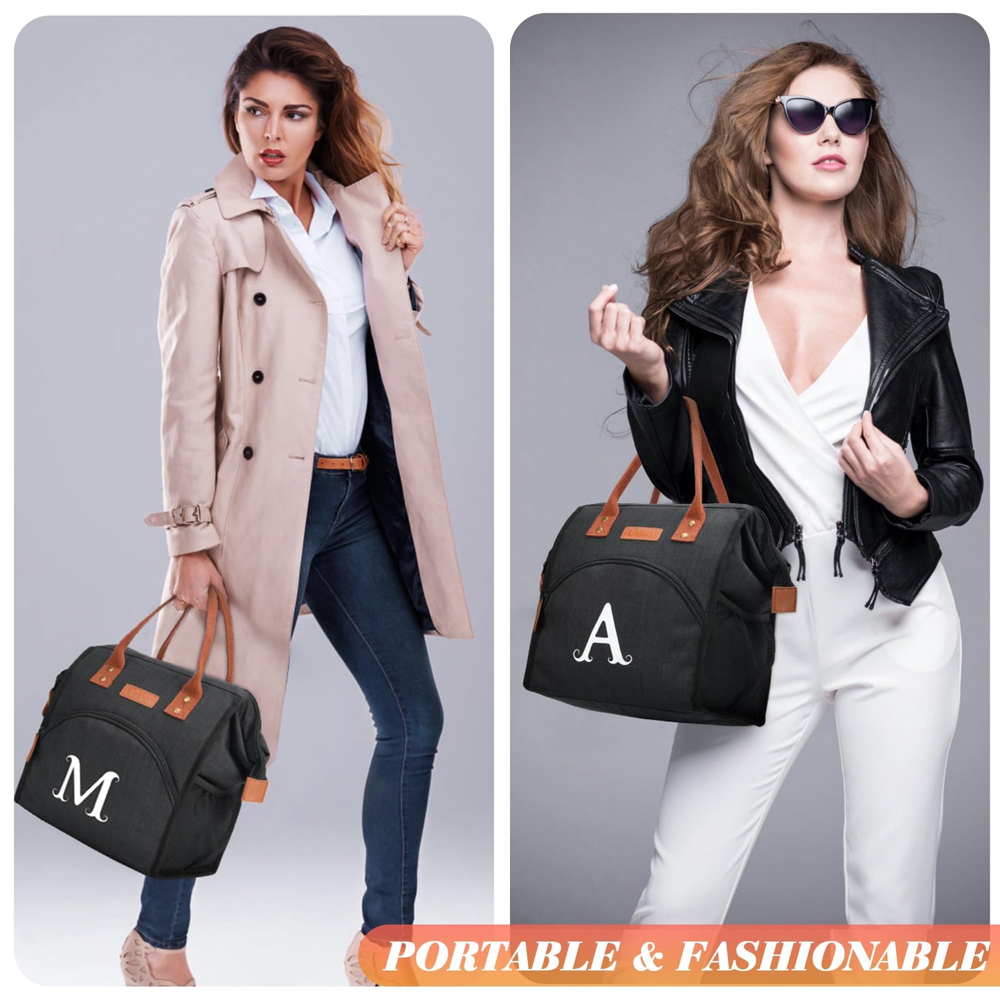 Personalized Lunch Box for Women, Initial Reusable Insulated Lunch Bag, Wide-Open Adult Lunchbox Cooler Lunchbag, Leakproof Lunch Tote for Picnic Work Outdoors, Christmas Gift for Women, Black - E