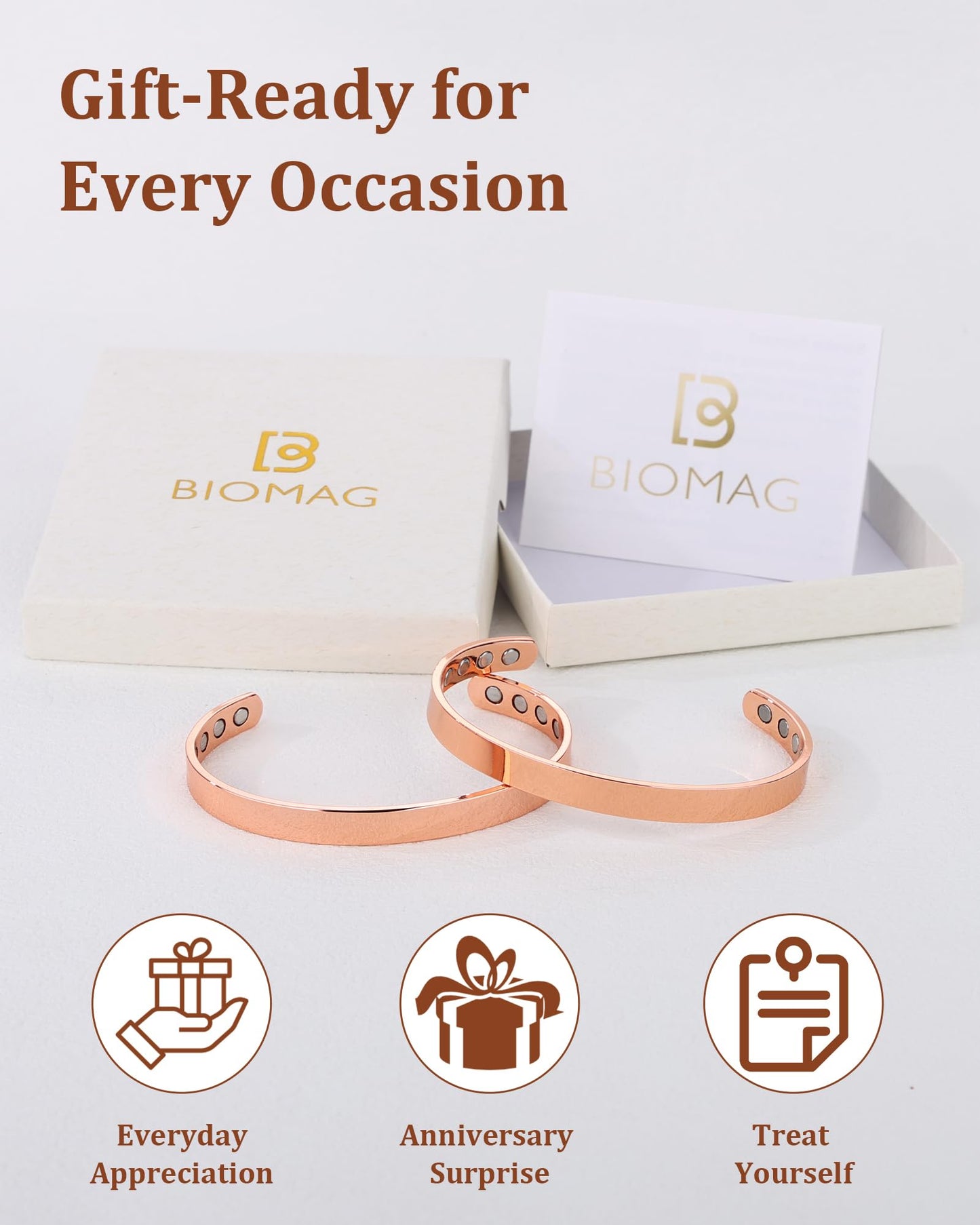 BioMag 2 Pcs Copper Bracelets for Women Men, 99.99% Pure Copper Cuff Bangle with 8 Pcs 3500 Gauss Magnets, Adjustable Size, Simple and Stylish Design