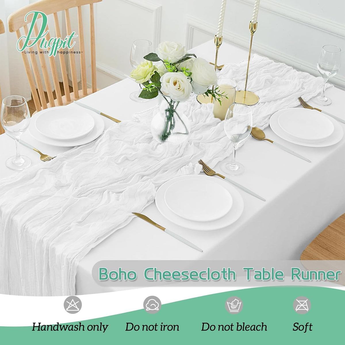 Dugpit 8-Pack White Cheesecloth Table Runner 10FT – Boho Rustic Gauze Runner for Weddings & Parties