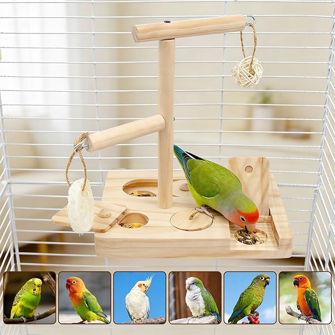 BingegePet Interactive Wooden Bird Foraging Toy – Cage-Mounted Puzzle Feeder with Sliding Locks, Loofah & Vine Ball for Budgies, Cockatiels, Conures & Small Parrots