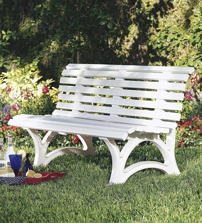 Plow & Hearth Weatherproof German PVC Outdoor Bench | 3-Seat | Holds Up to 500 lbs | Garden Patio Porch Park Deck | Steel and Resin (White)