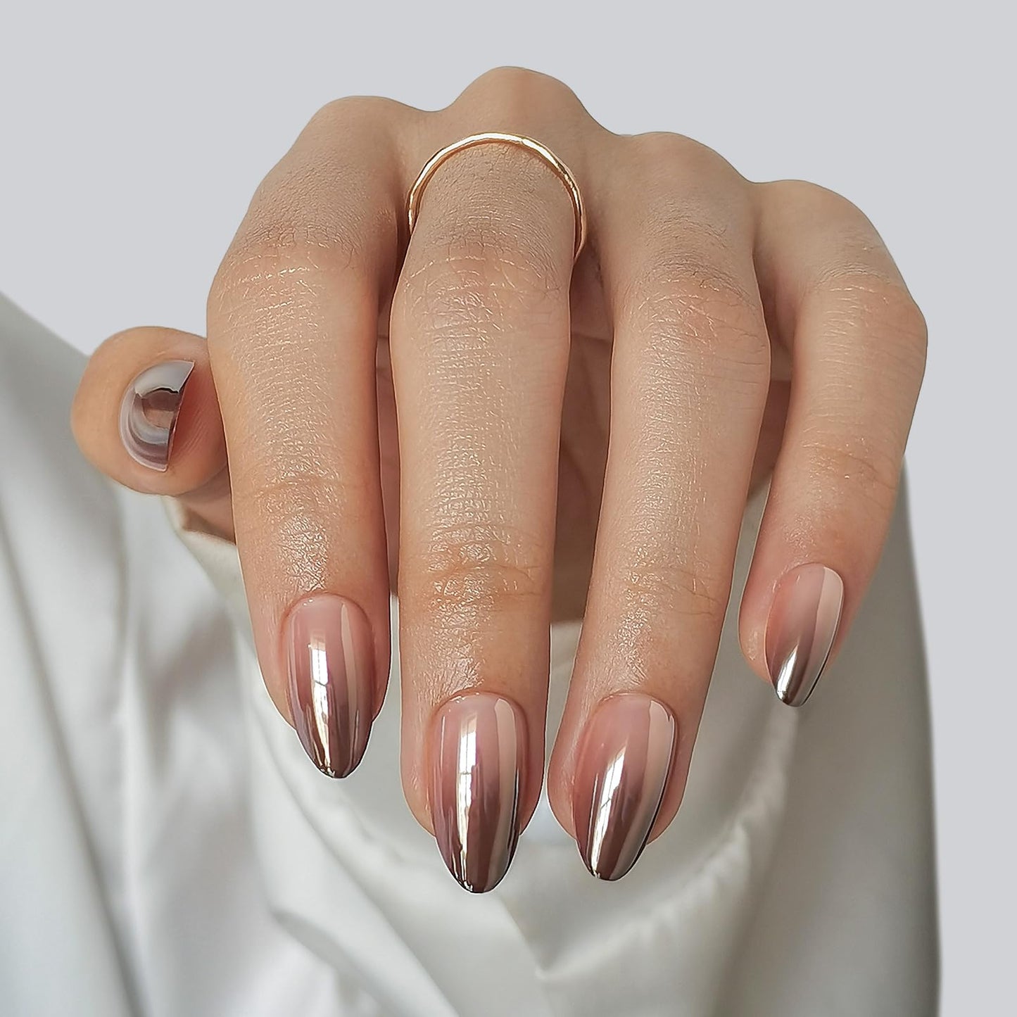 Brown Ombre Press on Nails Short - SHANGMENG Chrome Press on Nails Almond for Women Gift, Natural & Glossy Stick on Nails in 16 Sizes - 32 Reusable Soft Gel Fake Nails with Glue, Iced Americano