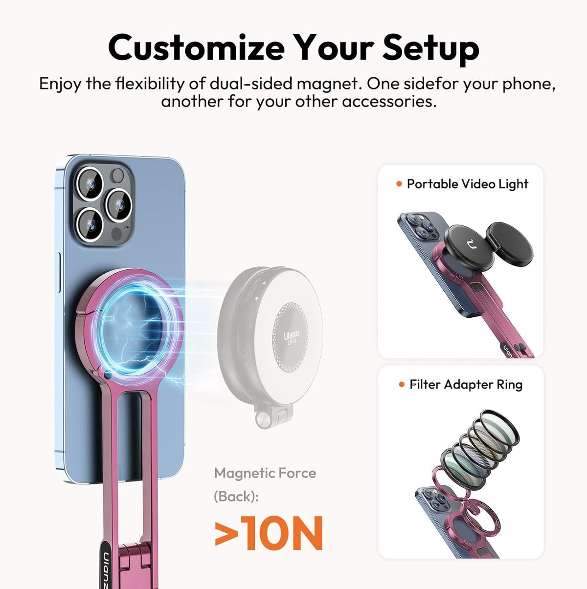 ULANZI MA30 Magnetic Phone Tripod Stand for iPhone - Aluminium Maglock Smartphone Mini Tripod Pocket Cell Phone Stand Strong Magnet Quick Mount Compatible with iPhone 16 15 14 13 12 Series, Pink