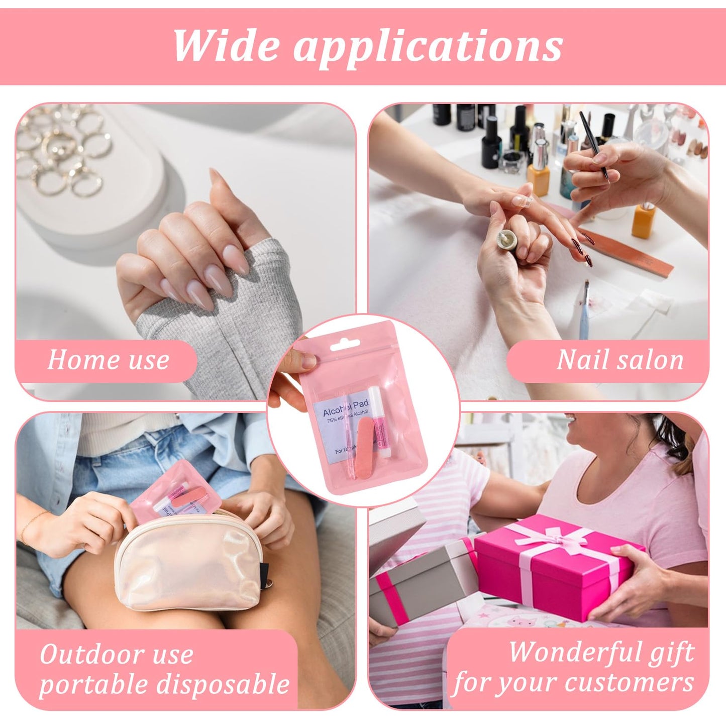 120 Sets Press On Nail Tool Kit for Business - Prep Application Disposable Kit with File, Glue, Prep Pads, Adhesive Tabs, Wood Stick, Holographic Bag