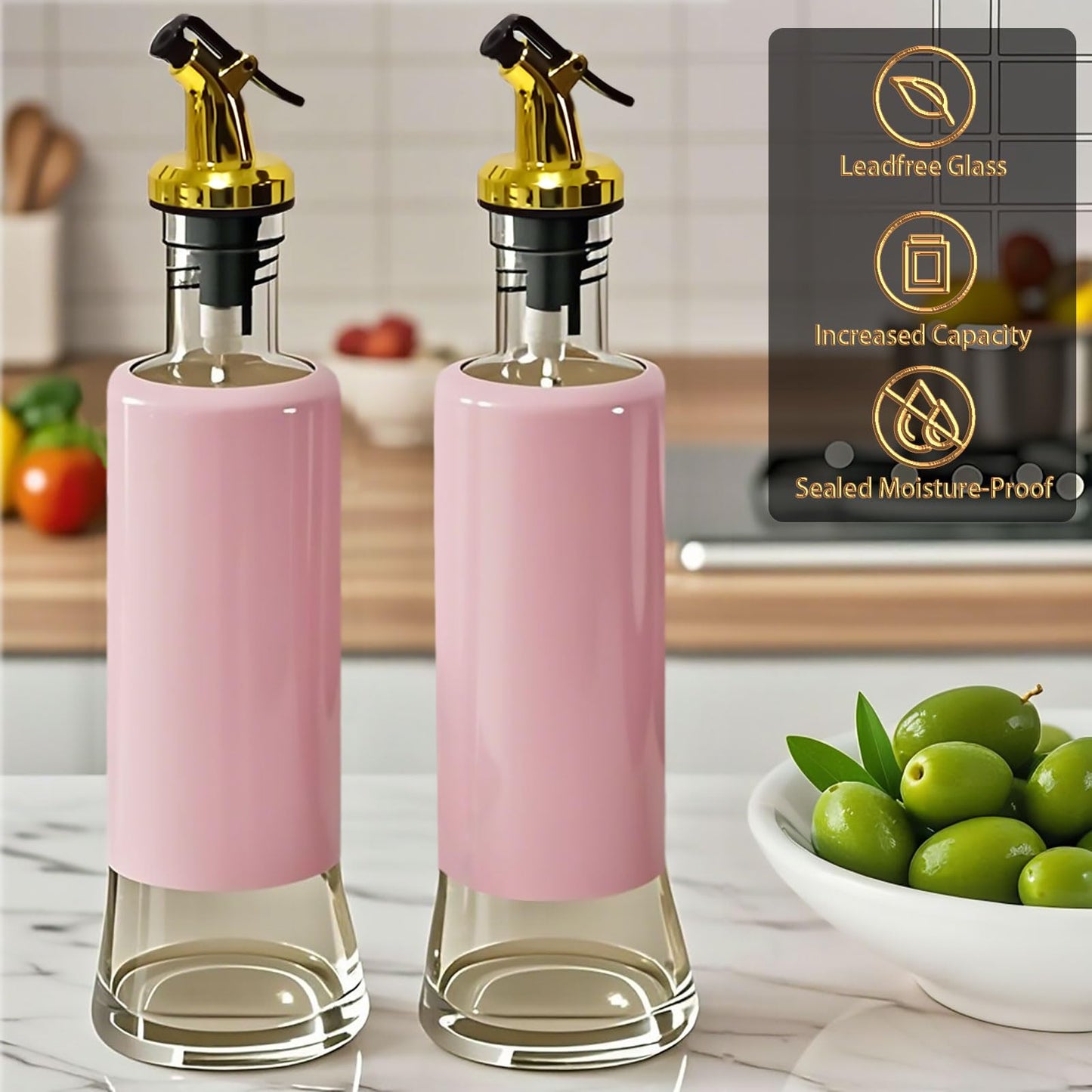 Miao’er Olive Oil Dispenser Bottle for Kitchen Set of 2, Golden Non-Drip & Leakproof Spout, One-handed Hold, With Pink Funnel for Easy Filling, 10OZ/300ML(PINK)