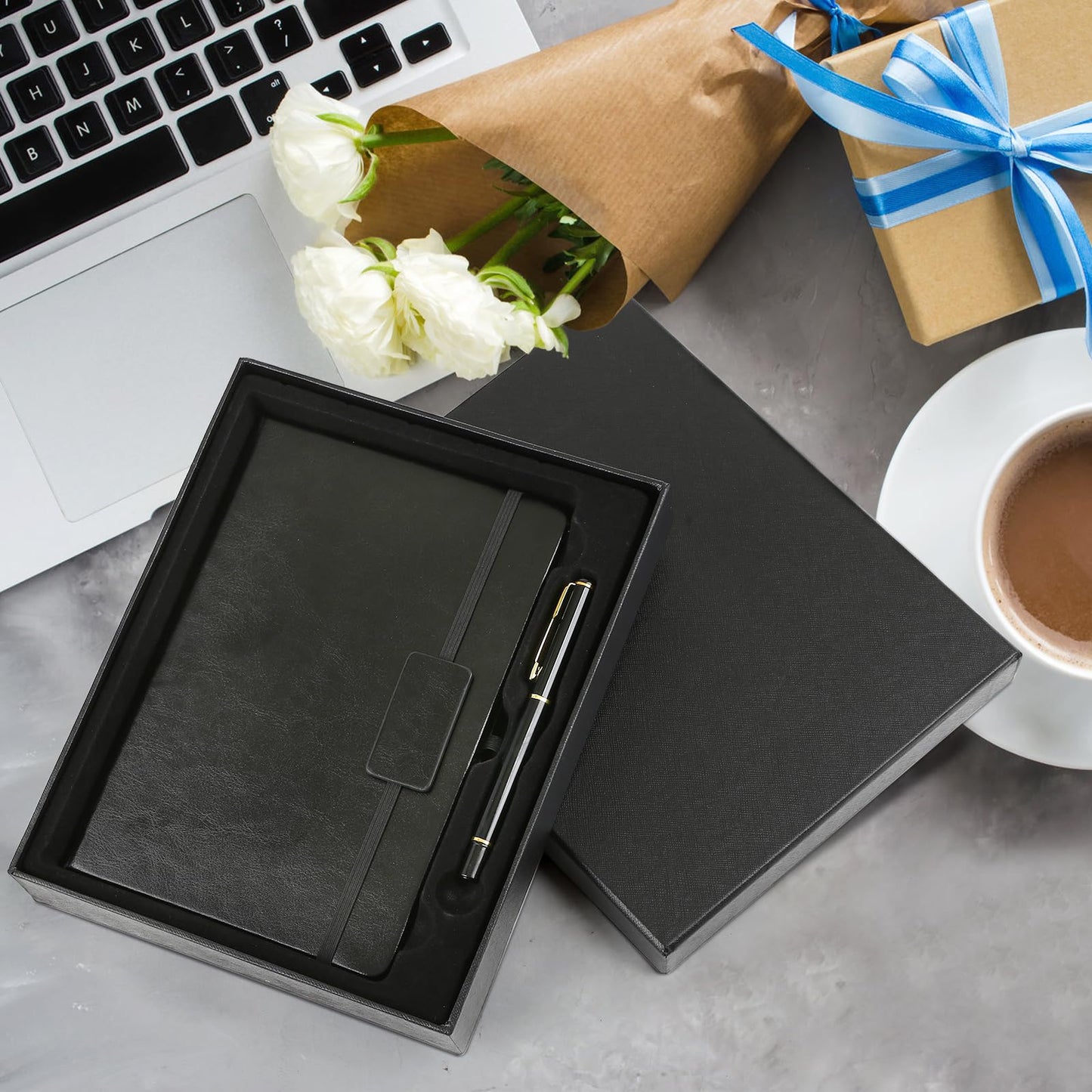 Kesoto College Ruled Hardcover Executive Writing Notebook Gift Set - A5 Lined Journal with Pen & Gift Box, 200 Pages, 8.3" x 5.8" Faux Leather, Black