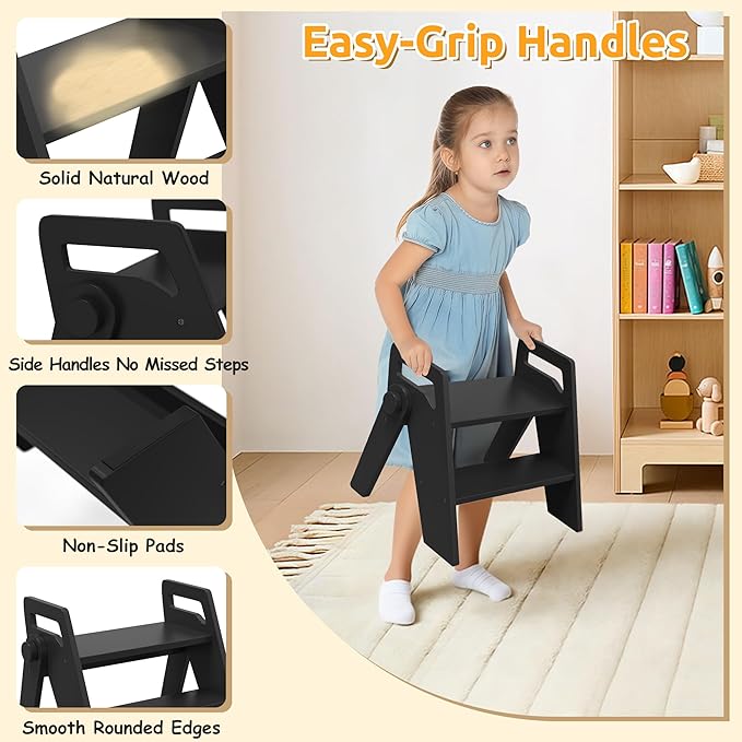 Wooden 2 Step Stool for Kids Bathroom Foldable 2-Step for Toilet Potty Training, Child Stepping Stool for Kitchen Nursery Bedroom