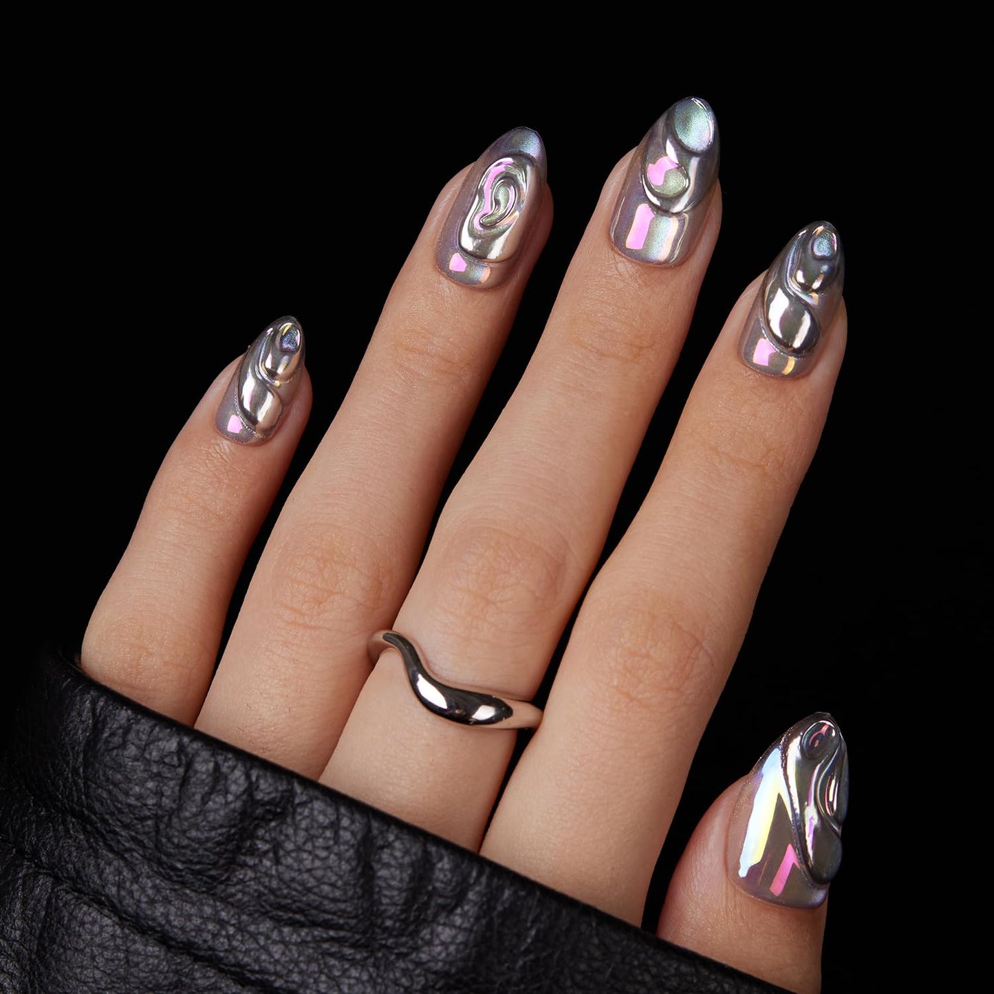 VSALON Press on Nails Short Almond - Chrome Silver Cat Eye 3D Swirl Design Fake Nails Kit for Women, Reusable Salon Quality Spring Summer Glue on Nails - 32 PCS Stick on Nails in 16 Sizes with Glue
