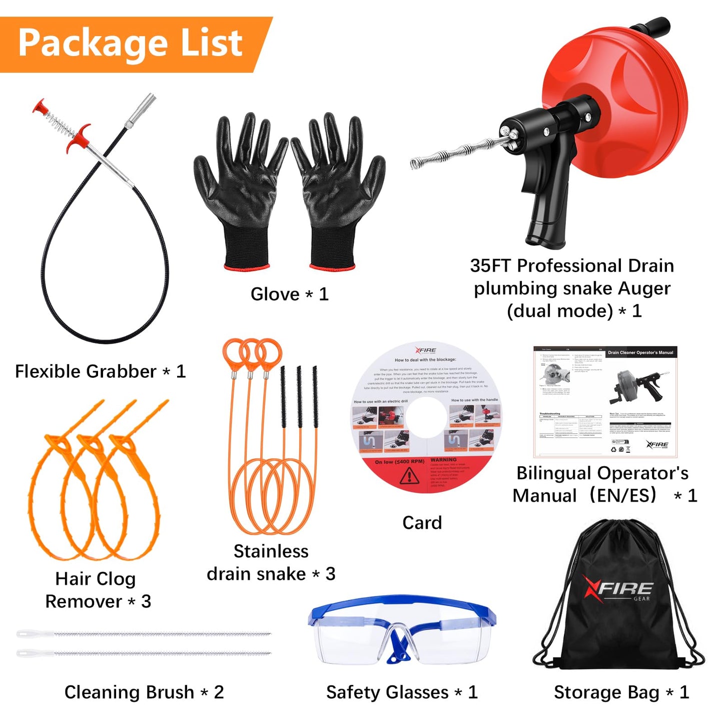 35 FT Double Mode Drain Snake Tools, 14-in-1 Drain Auger for Sink and Drain Unblocking, Plumbing Snake for Kitchen, Bathrom and Shower Sink, Snake for Real DYIs【Upgraded】