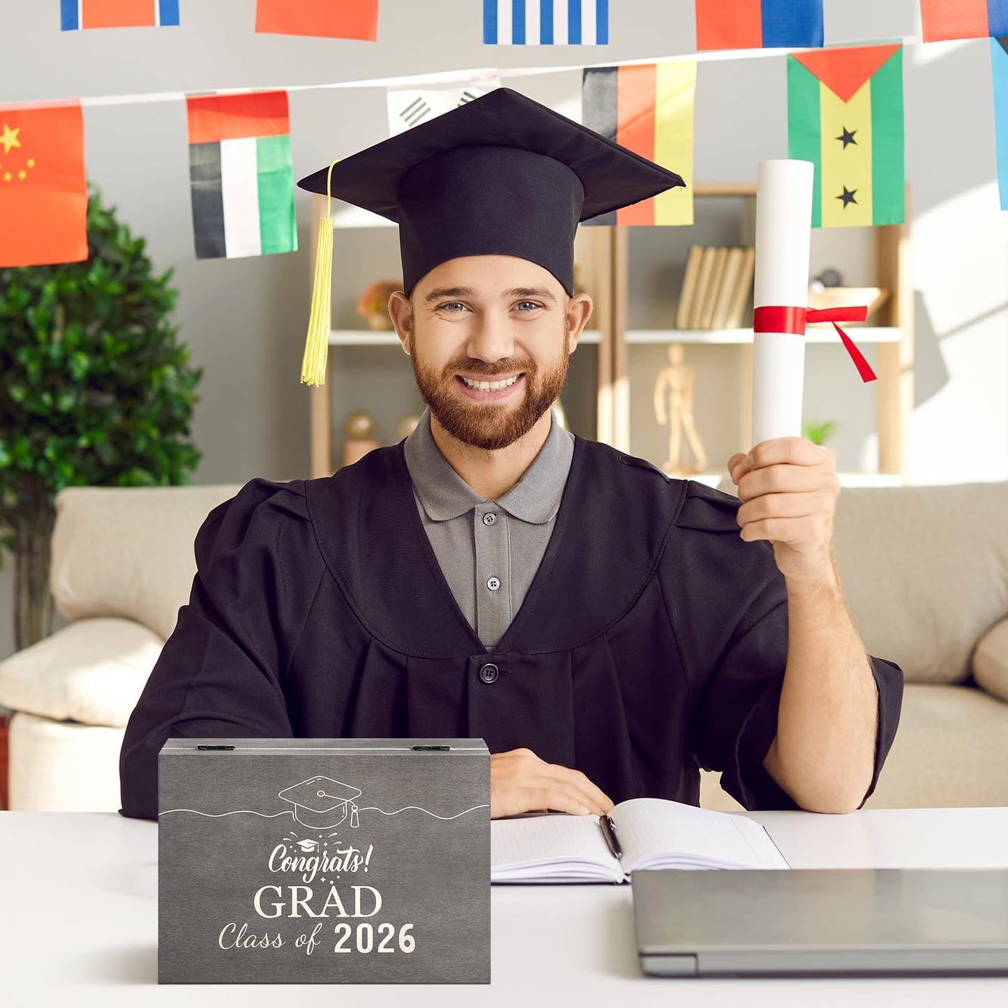 Seeloowy Graduation Memory Keepsake Box with Photo Custom 2026 Large Grad Card Box with Customized Picture Gift for Him Her for Graduate Grad High School Party(Black,Classic)