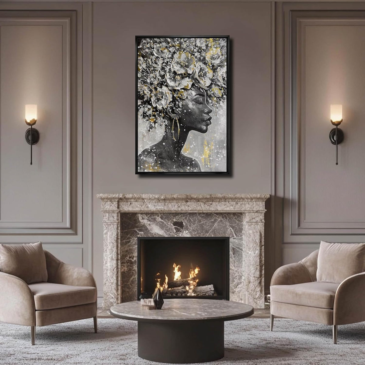 MLART99 Gold African American Wall Art Black Woman Wall Decor with Frame Vertical Floral Canvas Painting Modern Print Bedroom Living Room Decor 24x36 Inch