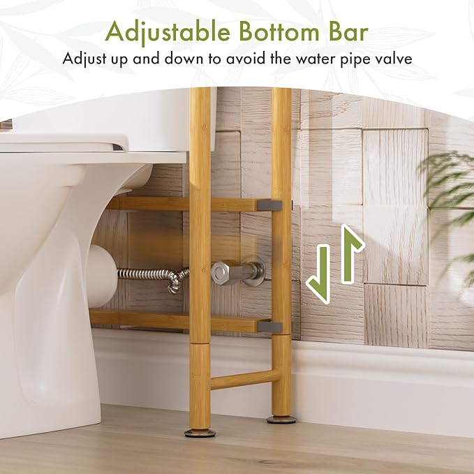 AmazerBath Over The Toilet Storage Bamboo, 3-Tier Over Toilet Organizer Rack with 2 Fabric Storage Bins, Freestanding Toilet Shelf for Bathroom Laundry Space Saver, Natural Color