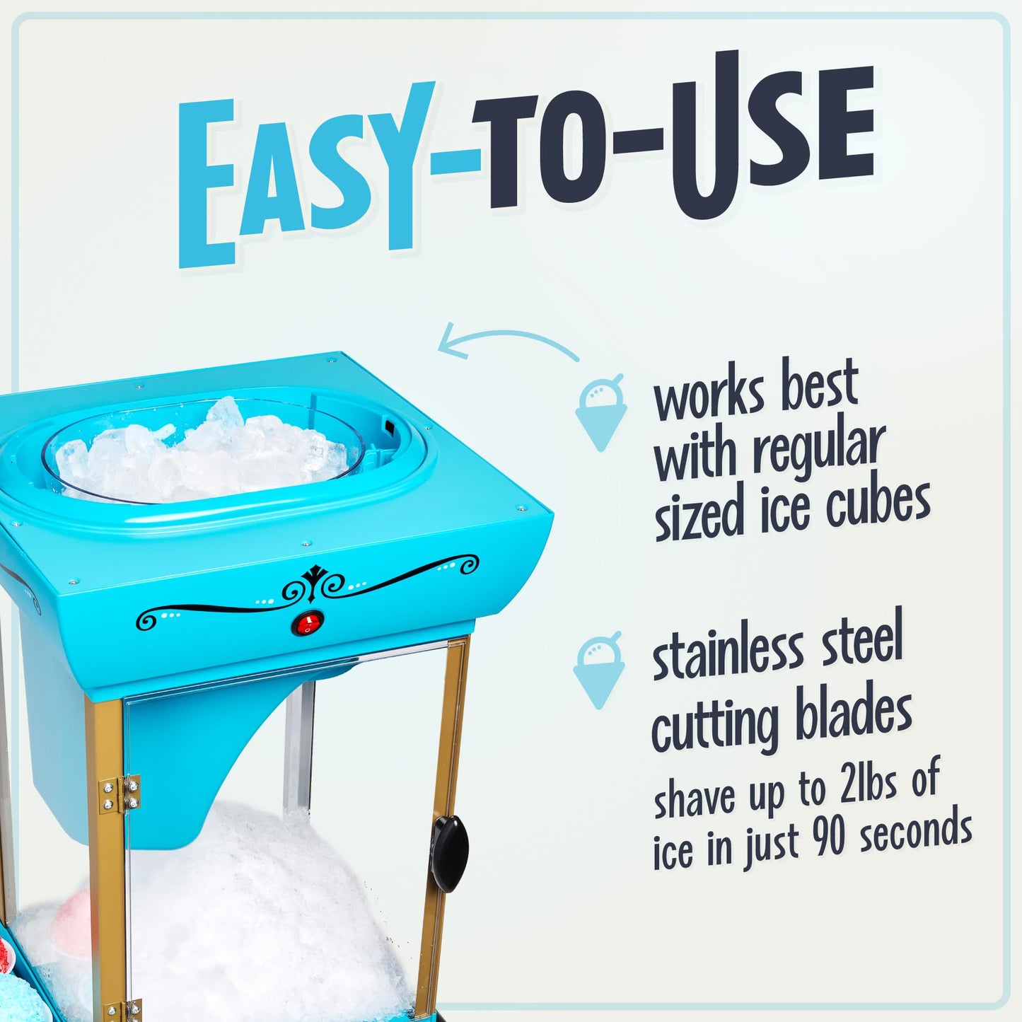 Nostalgia Snow Cone Shaved Ice Machine - Retro Cart Slushie Machine Makes 48 Icy Treats - Includes Metal Scoop, Storage Compartment, Wheels for Easy Mobility - White, Blue
