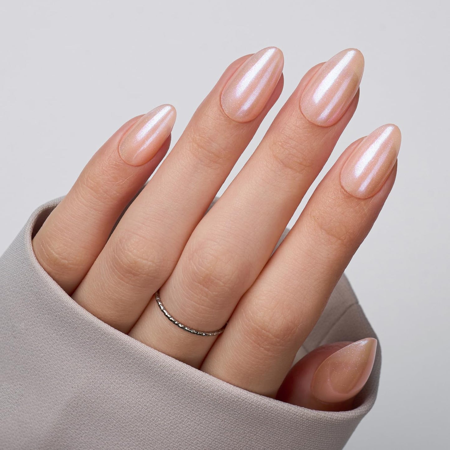 VSALON Short Almond Press On Nails, Pink Shimmer Neutral Fake Nails With UV Cure Glue, Glossy Glazed Opaque Spring Summer Stick On Nails False Nails - 32 Pcs 16 Sizes