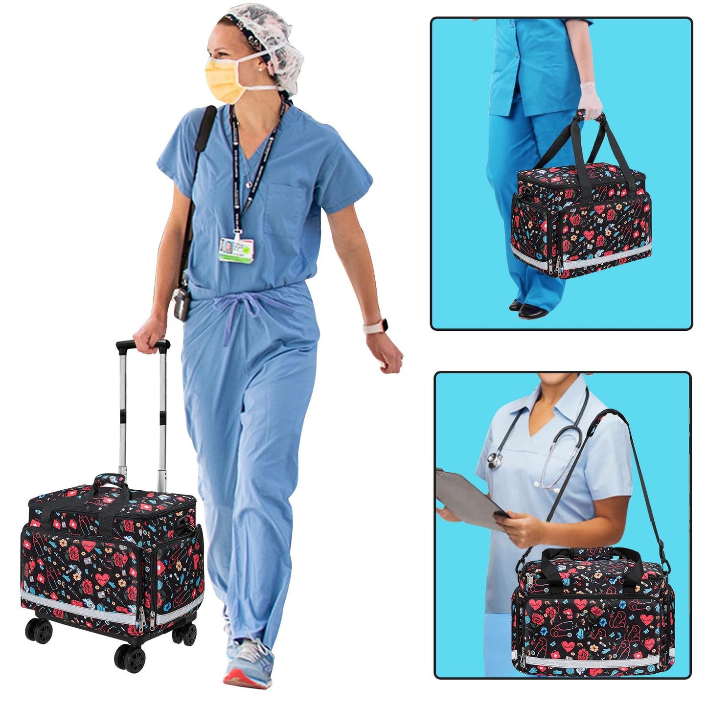 Medical Bag Rolling Roller Bag Trolley Duffel Nurses EMT CNA RN Empty for First Aid Responder Home Health Care Nursing Student Roll Duffle Bag Carry on Wheels Work Physicians Doctor