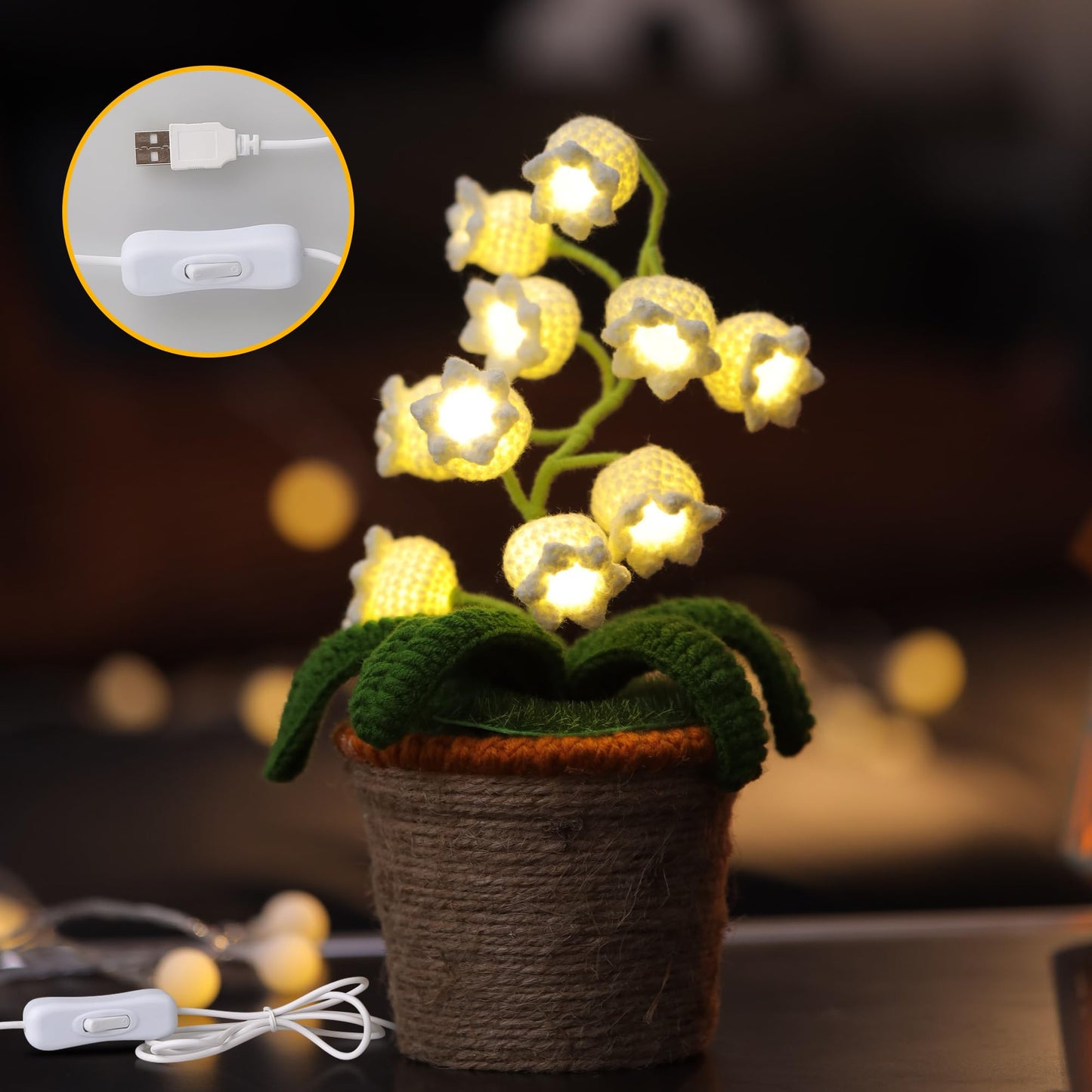ANZRLE Lily of The Valley Lamp, White Crochet Artificial Flowers with Night Lights, Table Lamp with USB Port -Birthday Gifts for Women,Cozy Home Decor Mothers Day Gifts