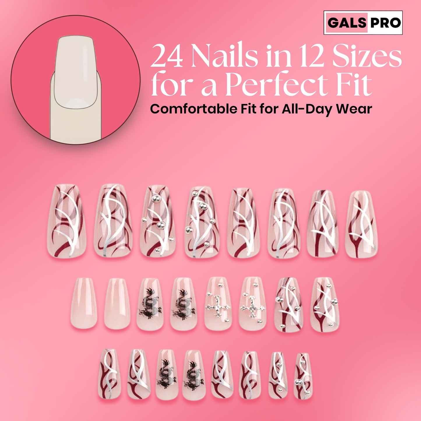GALSPRO Long Press on Nails - Set of 24 Fake Nails with Designs in 12 Different Sizes for Perfect Fit, Cute False Nails Kit for Women with 0.07oz Nail Glue, A Double Sided Nail File & Cuticle Stick