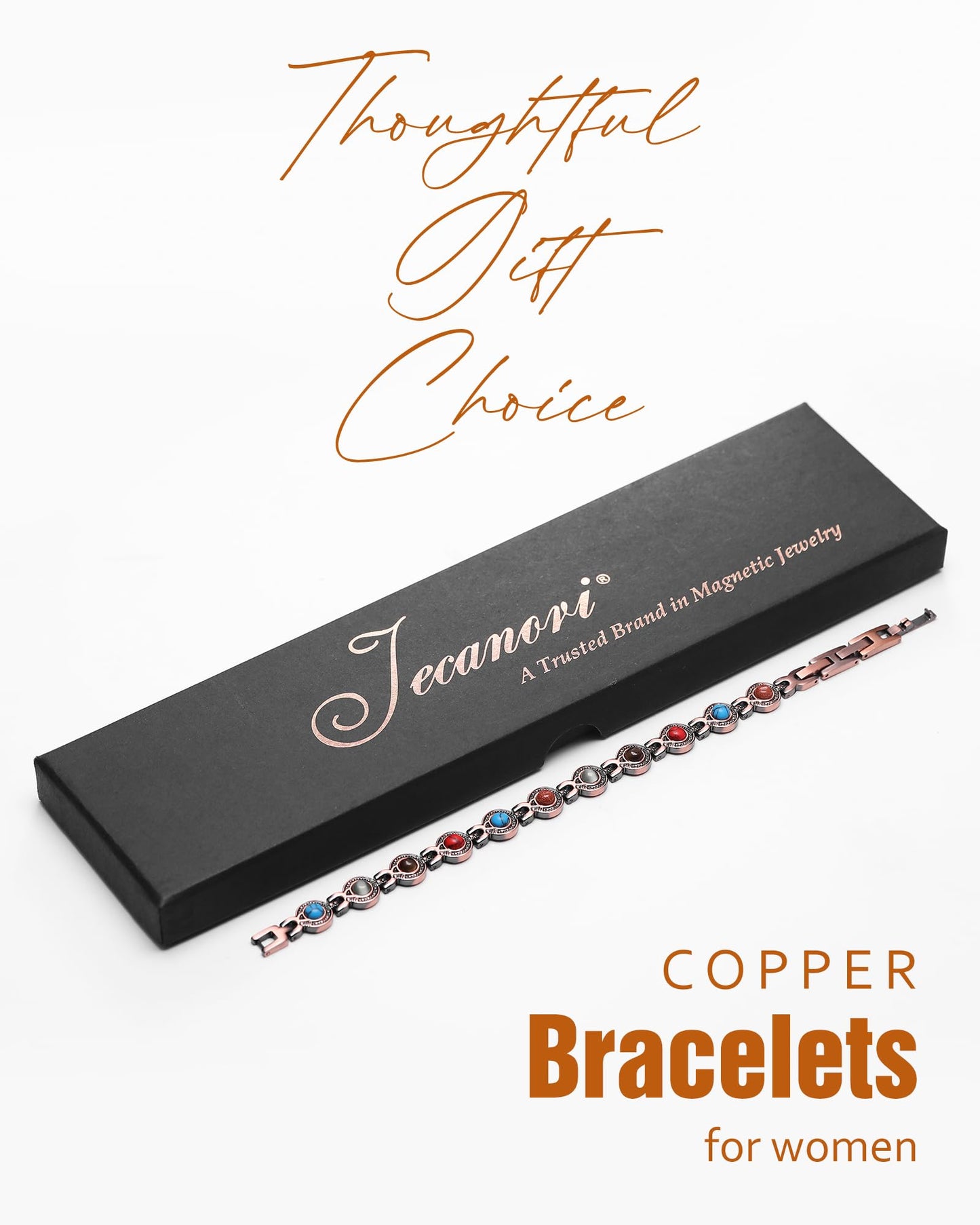 Jecanori Copper Bracelets for Women, Magnetic Bracelets for Women with 3800 Gauss Ultra Magnets and Sizing Tool, Elegant Round Gemstone