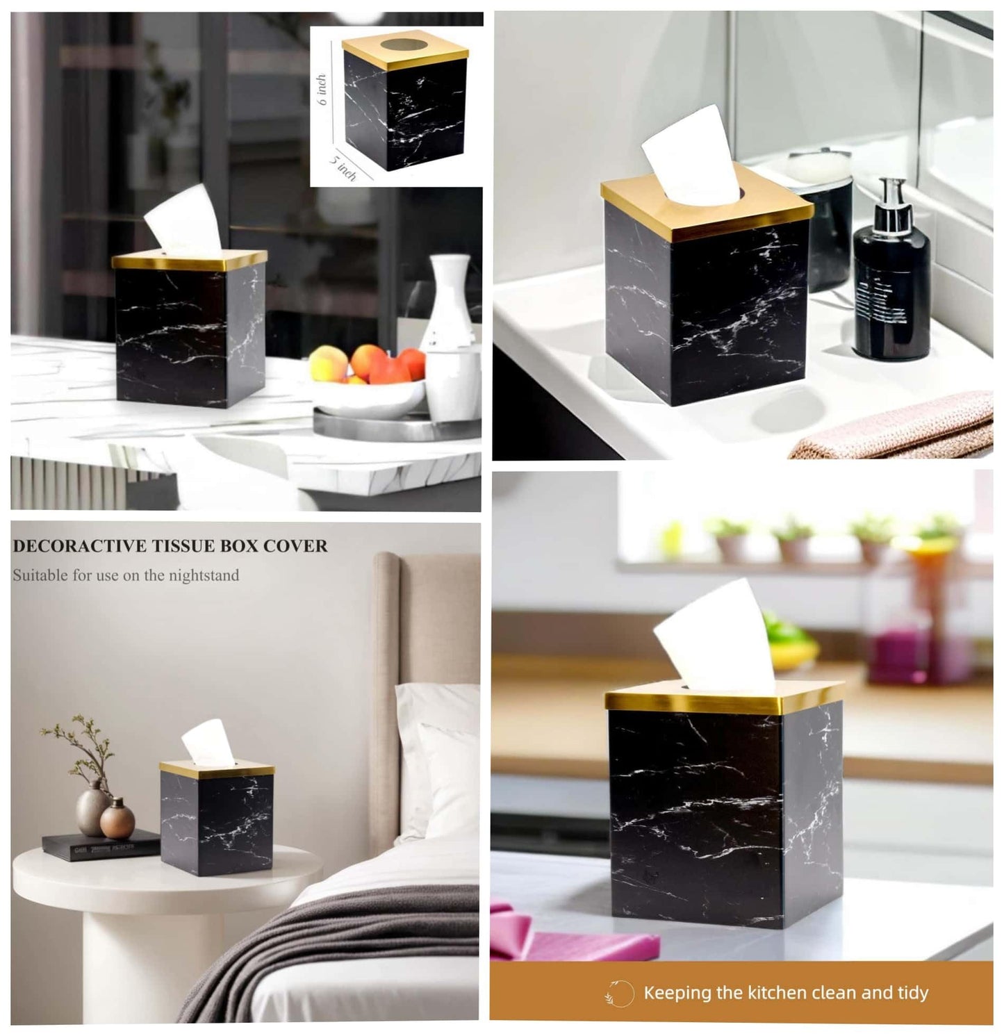 JWT Astyle Metal Facial Tissue Box Cover Holder and Dispenser.Decorative Tissue Box Covers Cube Dresser Accessories for Bathroom Livingroom Kitchen Office Desk.Black Marble Pattern Home Gifts