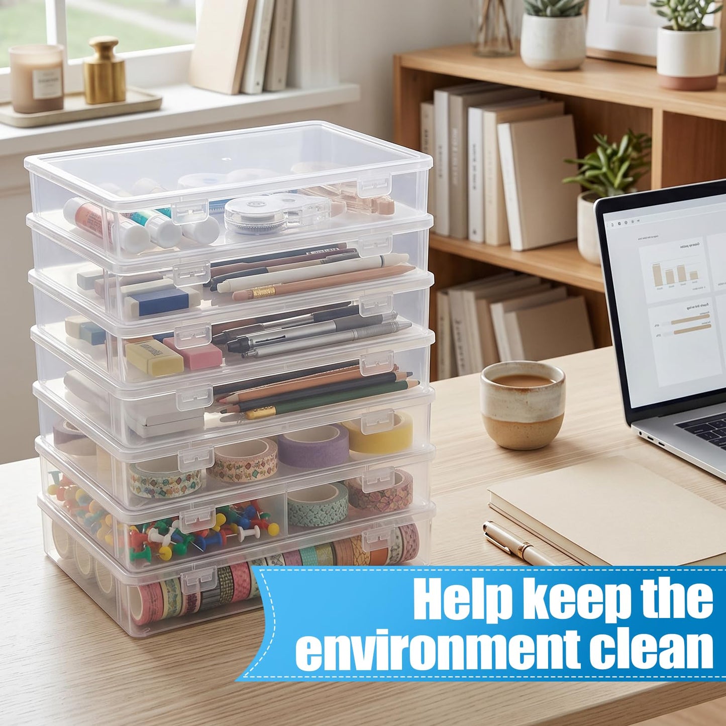 Oqqlin 6 Pcs Plastic Storage Boxes with Lids, 10.6x7.7x2 Inch Clear Rectangular Plastic Box Multipurpose Craft Organizers Small Storage Containers for Pencils, Beads, Craft Accessories, Small Items