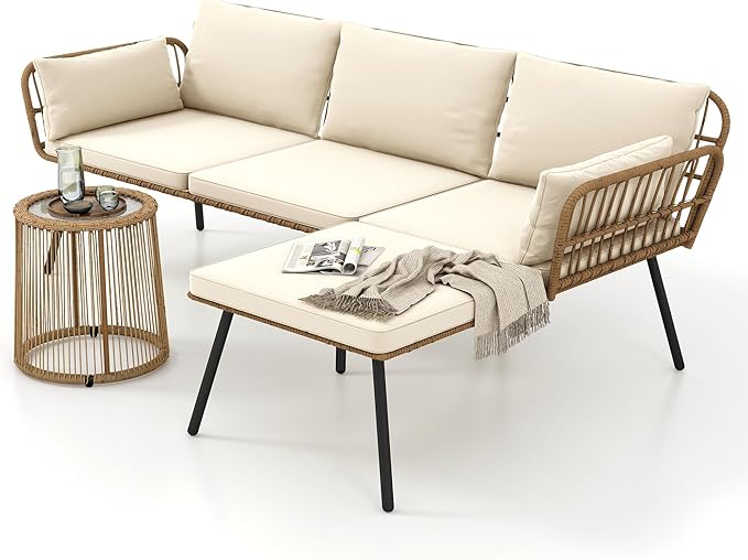 DWVO Patio Furniture Set 3 Piece Outdoor Wicker Conversation Set with Detachable Cushions and Coffee Table L-Shaped Sectional Sofa Set Outdoor Furniture Set for Backyard Porch Deck - Beige
